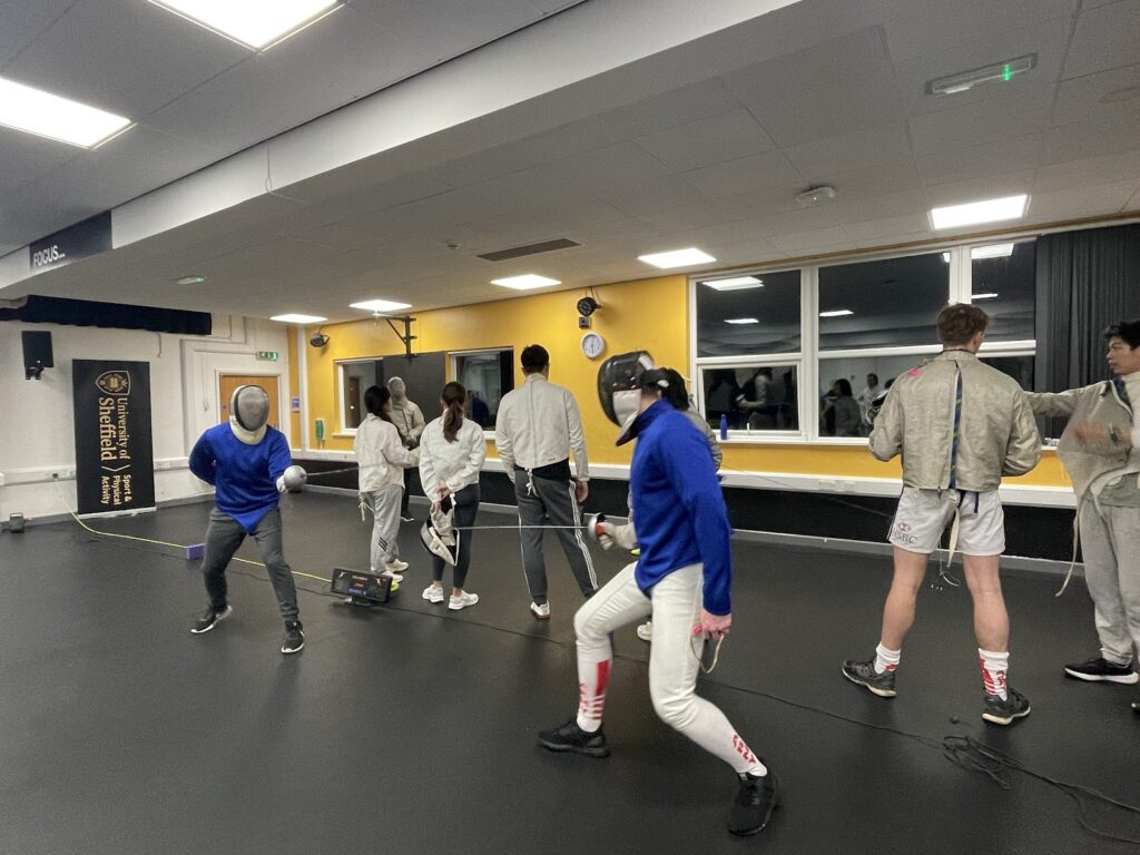 Students who are going to compete in the BUCS national during fencing training session