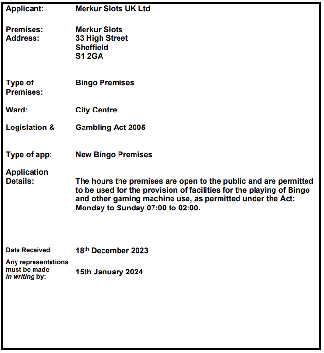 Merkur's licensing application for new venue in Sheffield (now withdrawn)