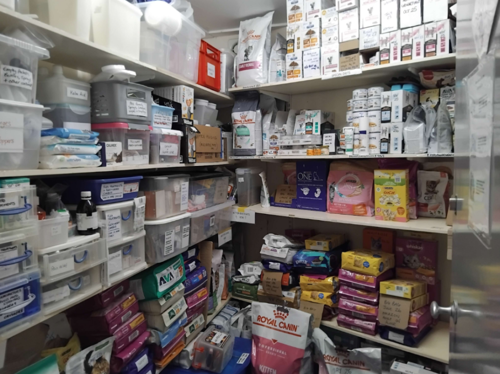 A room full of supplies in the cat shelter.