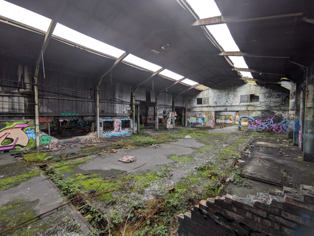 Inside an overgrown dilapidated factory building