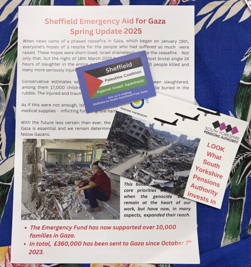 Informative flyers on Palestine. Laid out on blue tablecloth. 