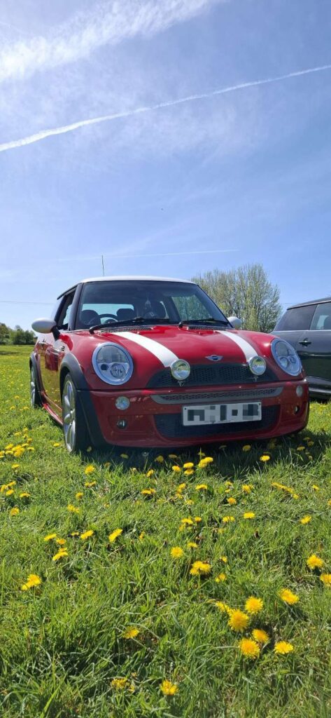 Pictured is red Mini Cooper with white accents, posed on a grassy field. The sky is clear blue with minimal clouds. There are trees in the background. Cut-off to the right-side of the image, theres a black Mini-Cooper.