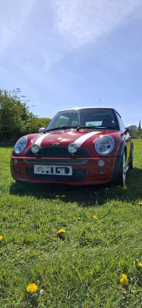 Pictured is red Mini Cooper with white accents, posed on a grassy field. The sky is clear blue with minimal clouds. There are trees in the background.