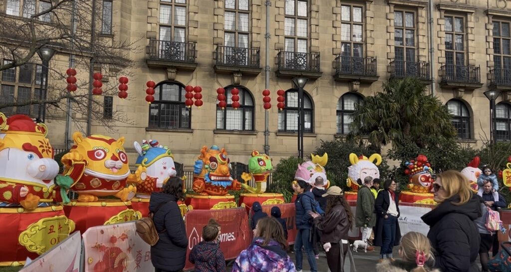 Sheffield's peace Gardens decorated with lanterns and blow up creatures