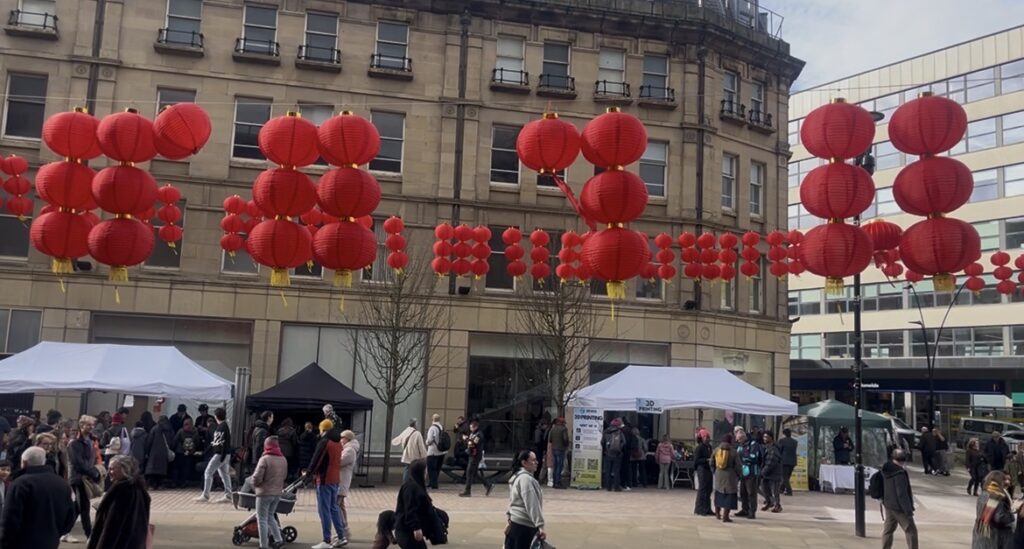 Sheffield city centre decorated with red lanterns