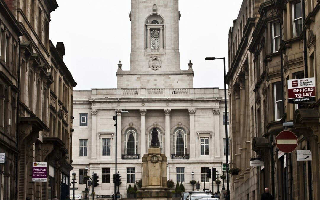 Image shows Barnsley Town Hall shot from down the street