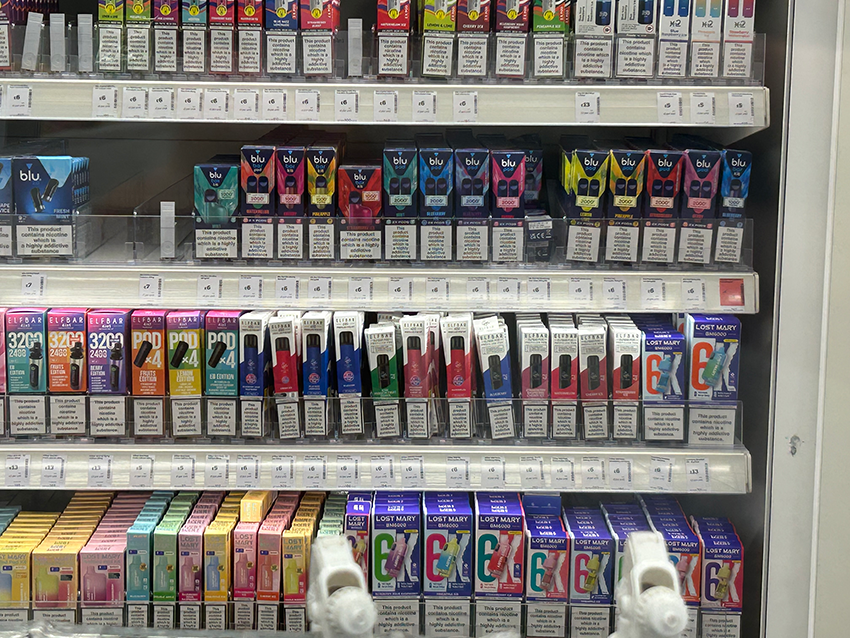 A significant number of legal vape products on sale.