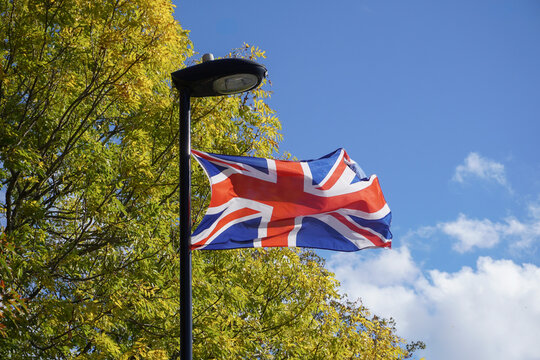 Union Jack flag of Great Britain on lamp post