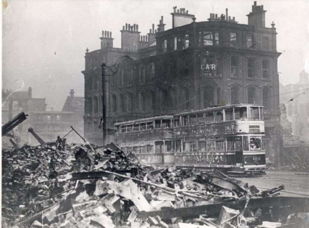 A photo of damage sustained to Sheffield high street as a result of the Blitz.