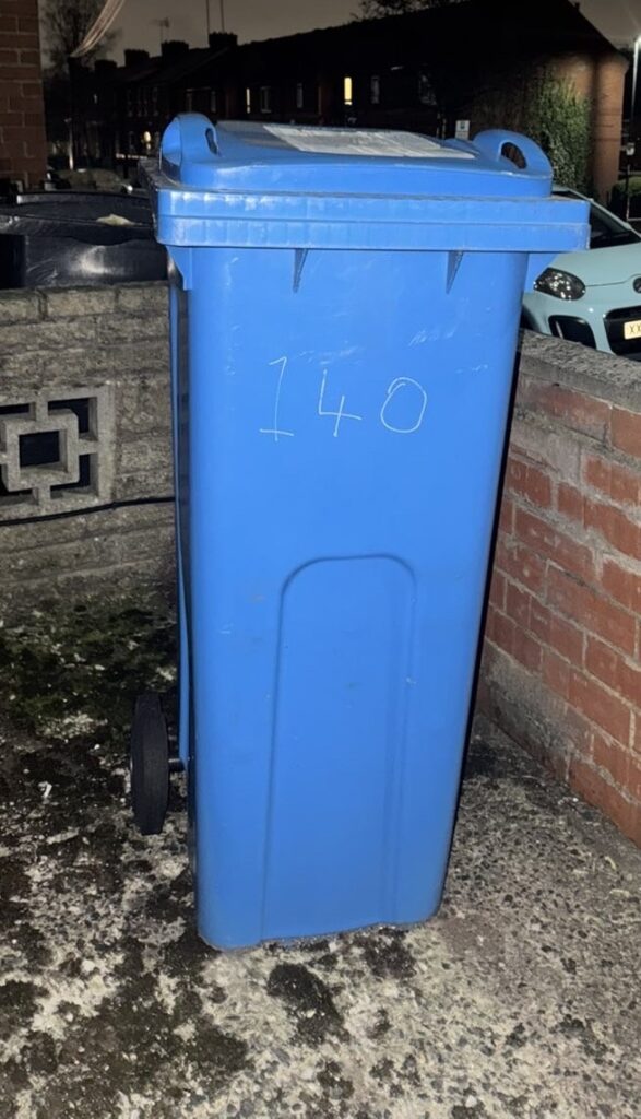 Picture of a 140 litre blue recycling bin.