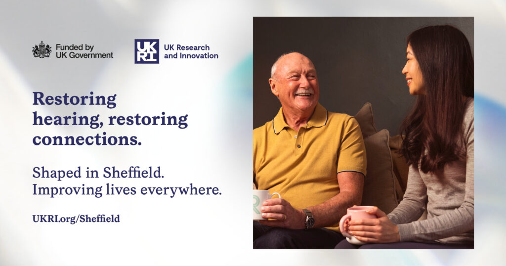 A UKRI poster with a picture of a man talking with a woman, with text saying 'restoring hearing, restoring connections'