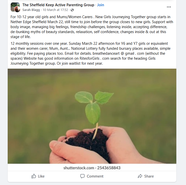 Facebook post on Girls Journeying Together