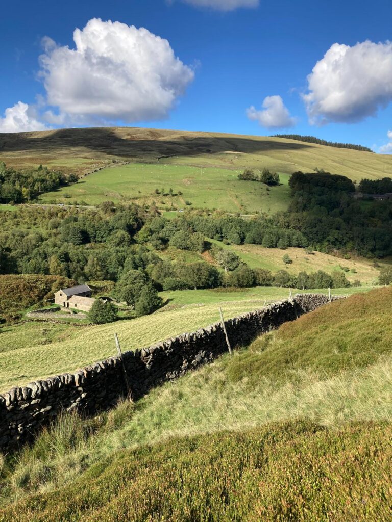 Farm fields making up a hill in the Peak District.