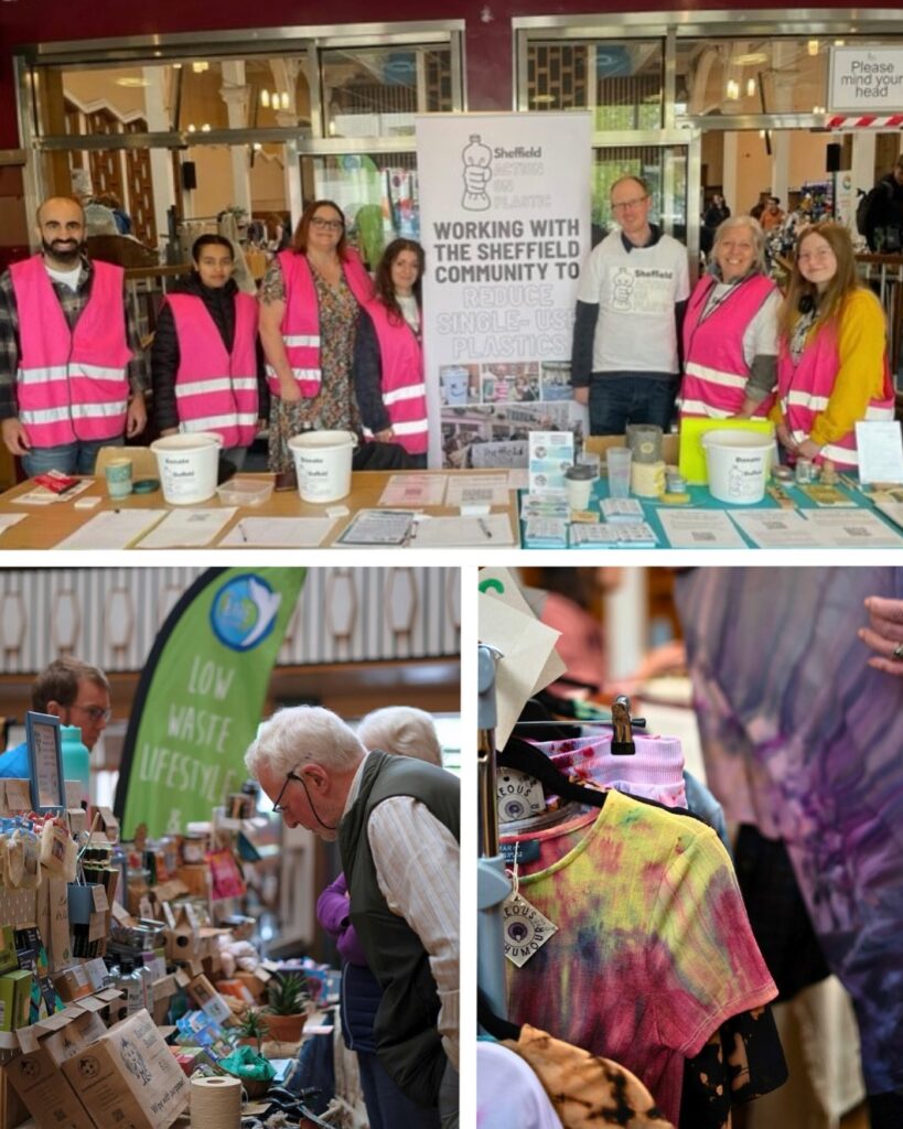 A collage of images, one showing volunteers from Sheffield Action on plastic, one showing a man looking at products on sale at a stall, and one showing a T-shirt on a clothes hangar that is on sale at the market.