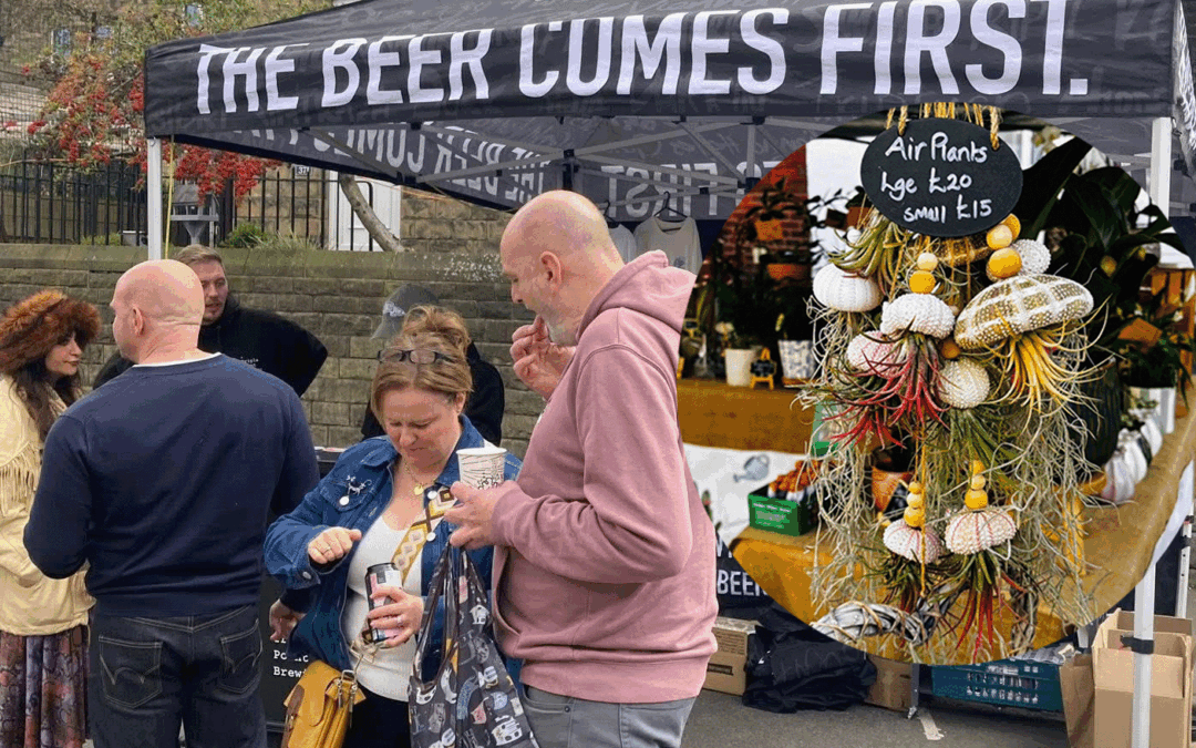 People attending the Sharrow Vale market stood in front of a stall that is labelled 'The Beer Comes First'. Composited on the right hand side is a circular image of plants being sold by another stall named 'Sometimes I Wet My Plants'