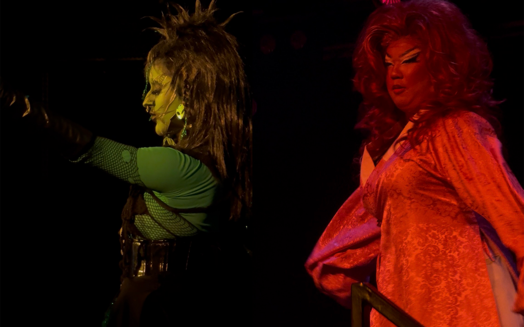 Two drag artists performing side by side