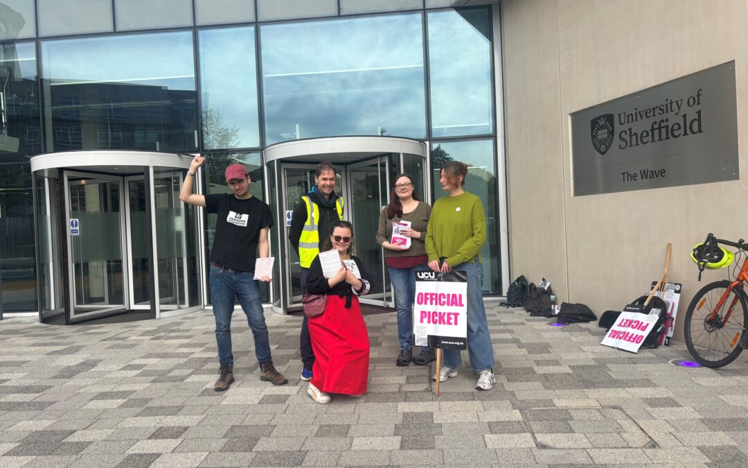A group of people standing outside a University of Sheffield building on picket line