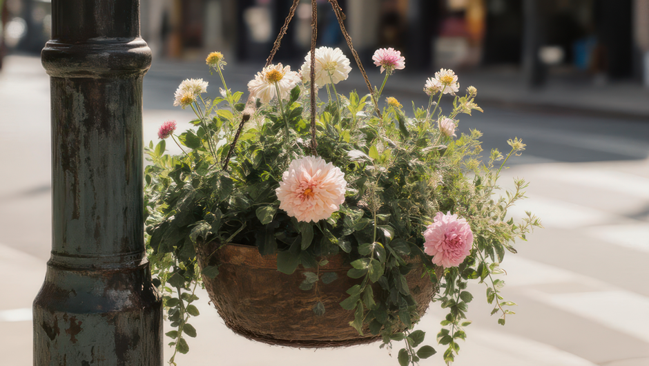 Hanging Basket of Flowers on a Street Lamp Post.