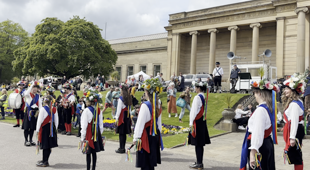Escafeld Morris dancers infront of Weston Park Museum