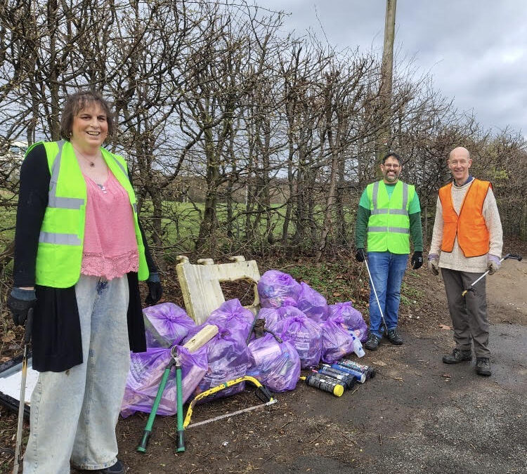 Candidates for Darton West at a local litter-picking (Left to Right: Sophie Parkinson, Kabir Nepal, Trevor Mayne)